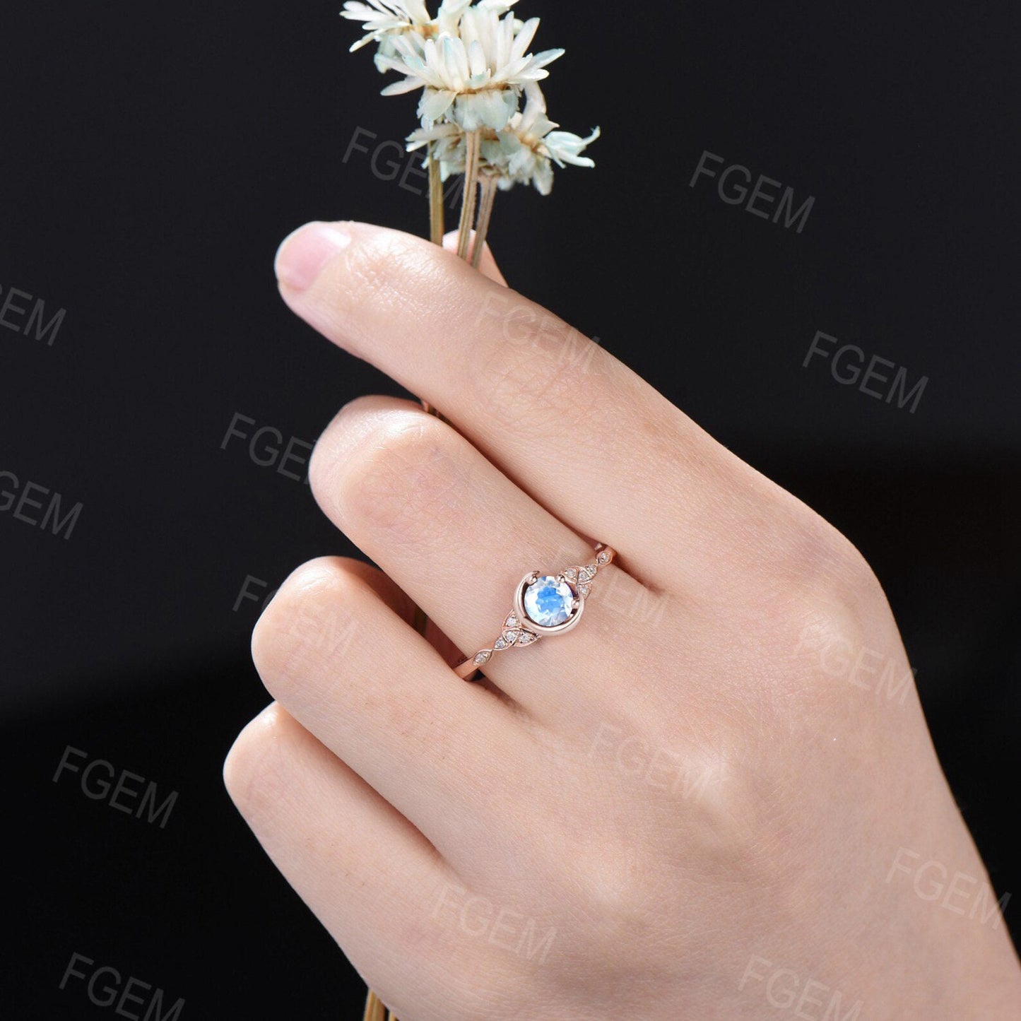5mm Round Cut Natural Blue Moonstone Celestial Moon Engagement Ring Celtic Knot Trinity Band 10K Rose Gold Moonstone Moissanite Bridal Ring