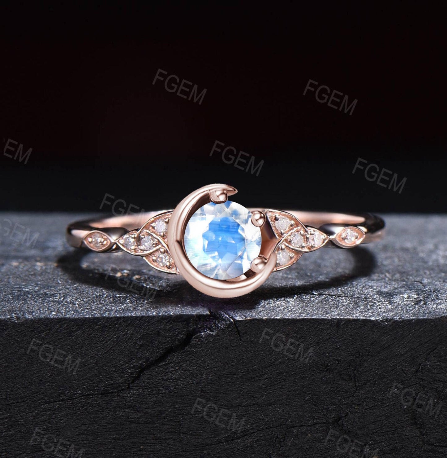 5mm Round Cut Natural Blue Moonstone Celestial Moon Engagement Ring Celtic Knot Trinity Band 10K Rose Gold Moonstone Moissanite Bridal Ring