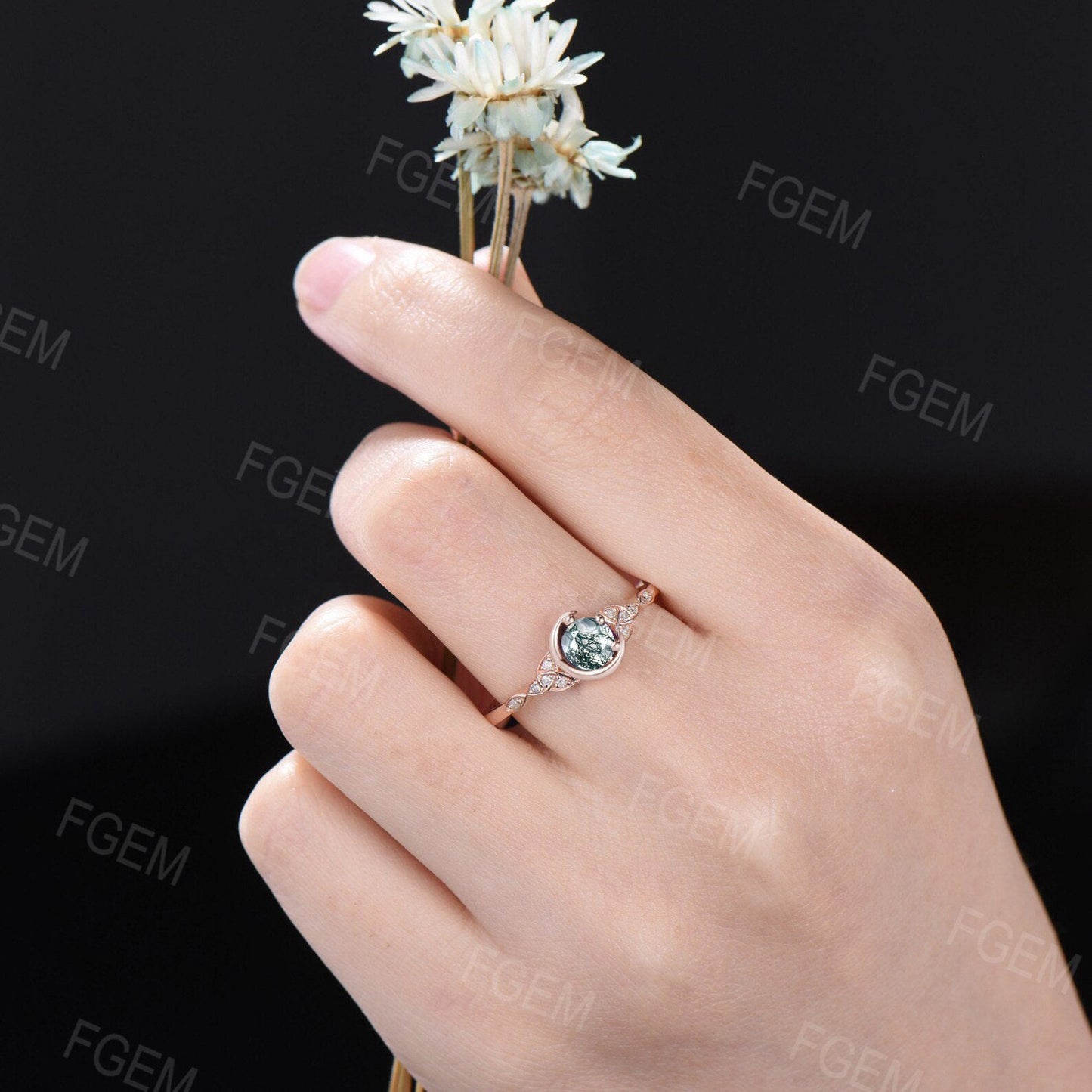 5mm Round Natural Green Moss Agate Celestial Moon Wedding Ring Celtic Knot Trinity Band 10K Rose Gold Moissanite Aquatic Agate Bridal Ring