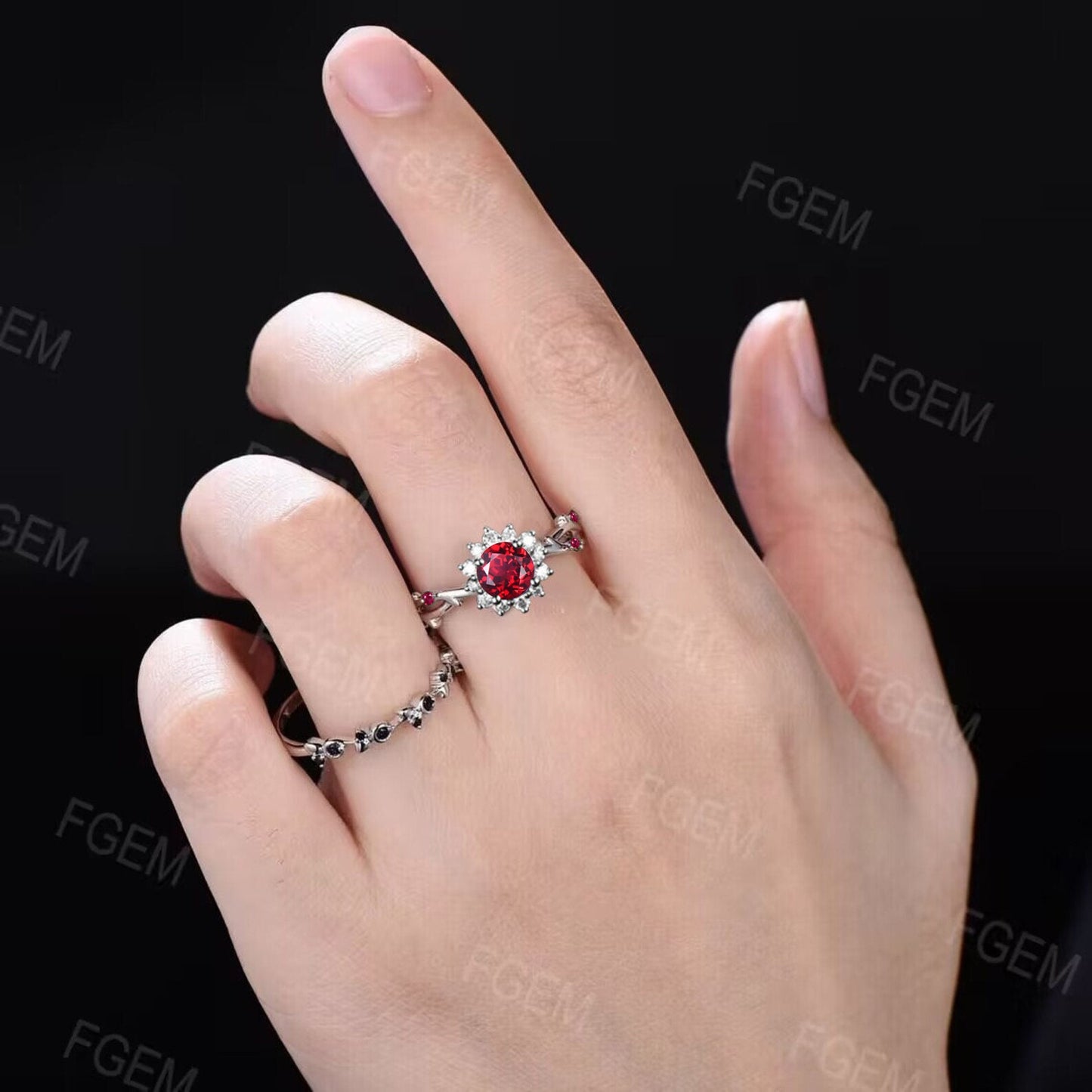 Sunflower Ruby Halo Engagement Ring Vintage Twig Vine Round Wedding Ring Sterling Silver Nature Inspired Floral Ruby Moissanite Promise Ring