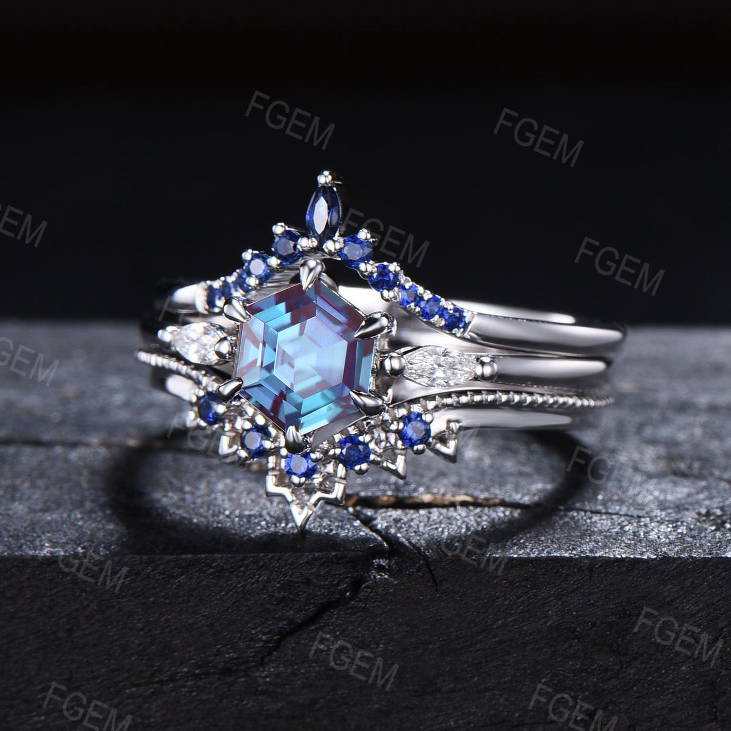 1ct Hexagon Cut Color-Change Alexandrite Ring Set Sterling Silver Alexandrite Blue Sapphire Wedding Ring June Birthstone Promise Ring Gifts