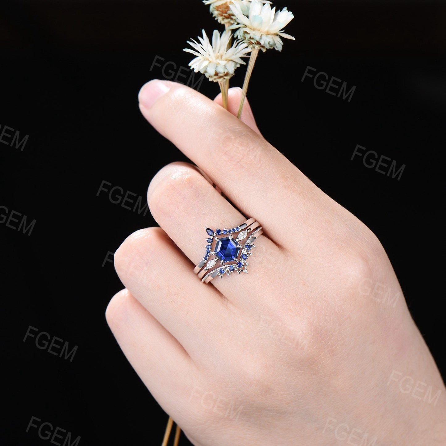 Sterling Silver Blue Sapphire Engagement Ring Vintage 1ct Hexagon Bridal Set September Birthstone Promise Ring Blue Gemstone Jewelry Women