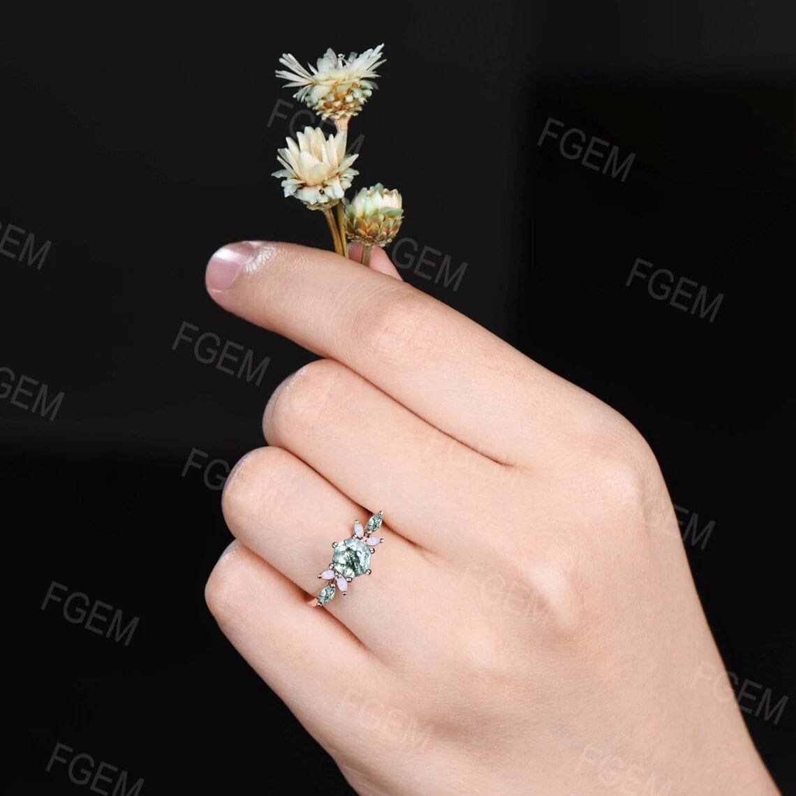 Vintage 1ct Hexagon Moss Agate Ring,Silver Rose Gold,Moss Agate Engagement Ring,Marquise Opal Moss Agate Cluster Ring,Anniversary Ring Gift