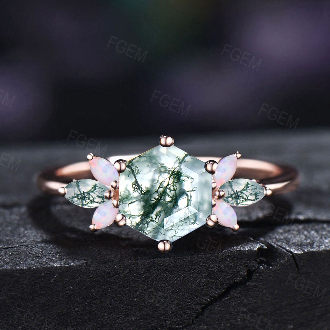 Vintage 1ct Hexagon Moss Agate Ring,Silver Rose Gold,Moss Agate Engagement Ring,Marquise Opal Moss Agate Cluster Ring,Anniversary Ring Gift