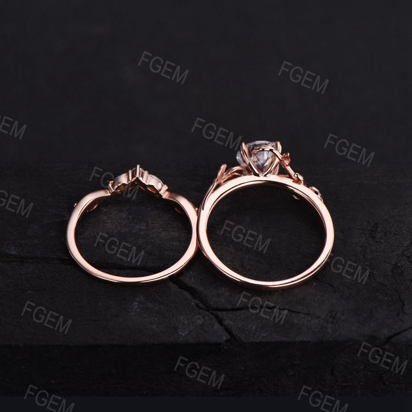 1ct Round Cut Natural Green Moss Agate Bridal Set 14K Rose Gold Branch Solitaire Rings Unique Curve Moss Agate Wedding Band Anniversary Gift