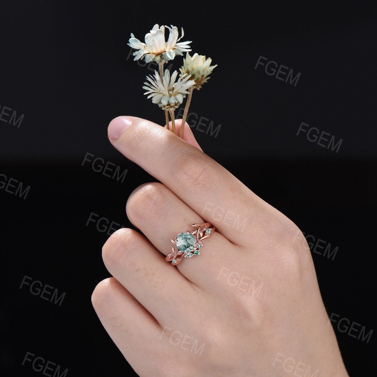 1ct Round Cut Natural Green Moss Agate Bridal Set 14K Rose Gold Branch Solitaire Rings Unique Curve Moss Agate Wedding Band Anniversary Gift