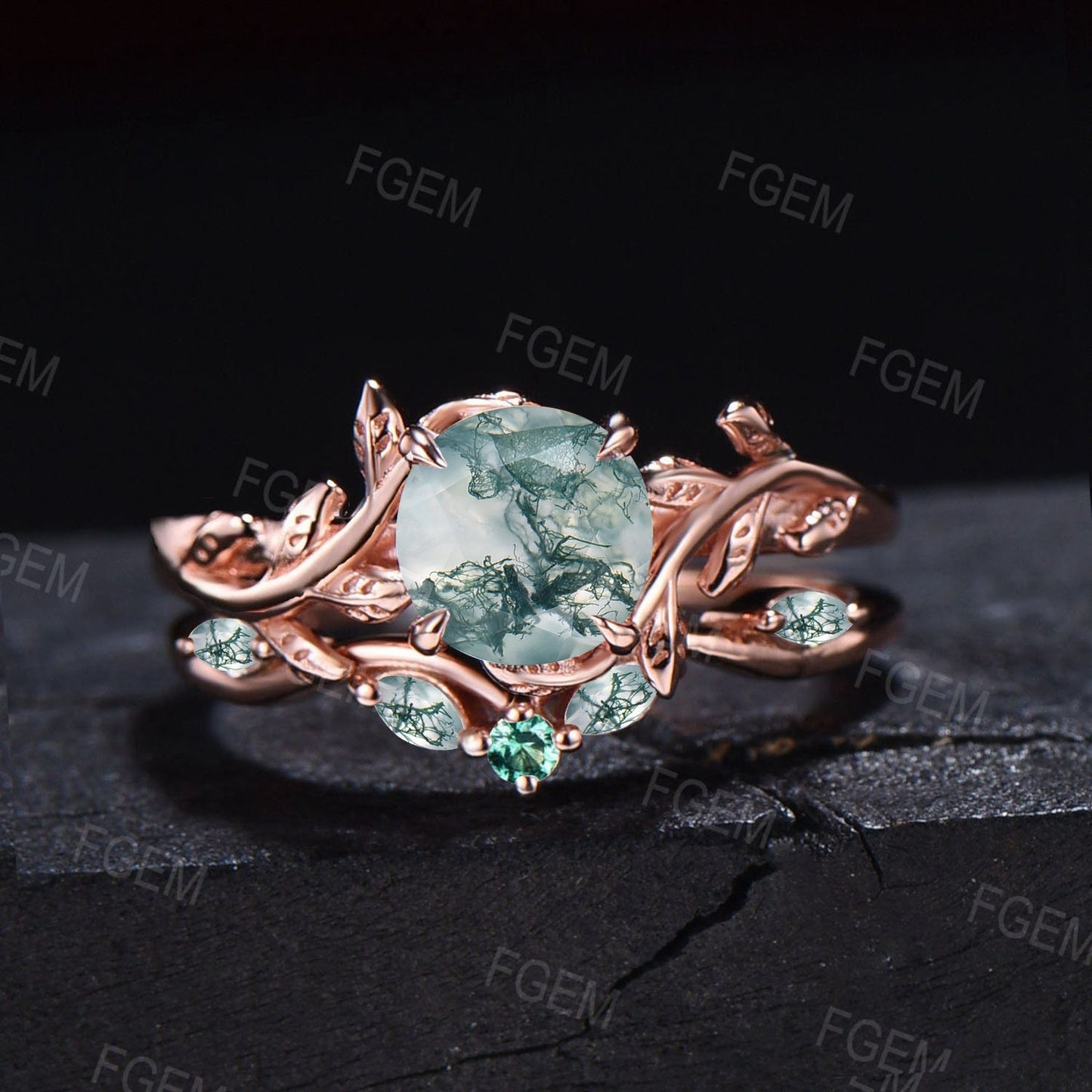 1ct Round Cut Natural Green Moss Agate Bridal Set 14K Rose Gold Branch Solitaire Rings Unique Curve Moss Agate Wedding Band Anniversary Gift