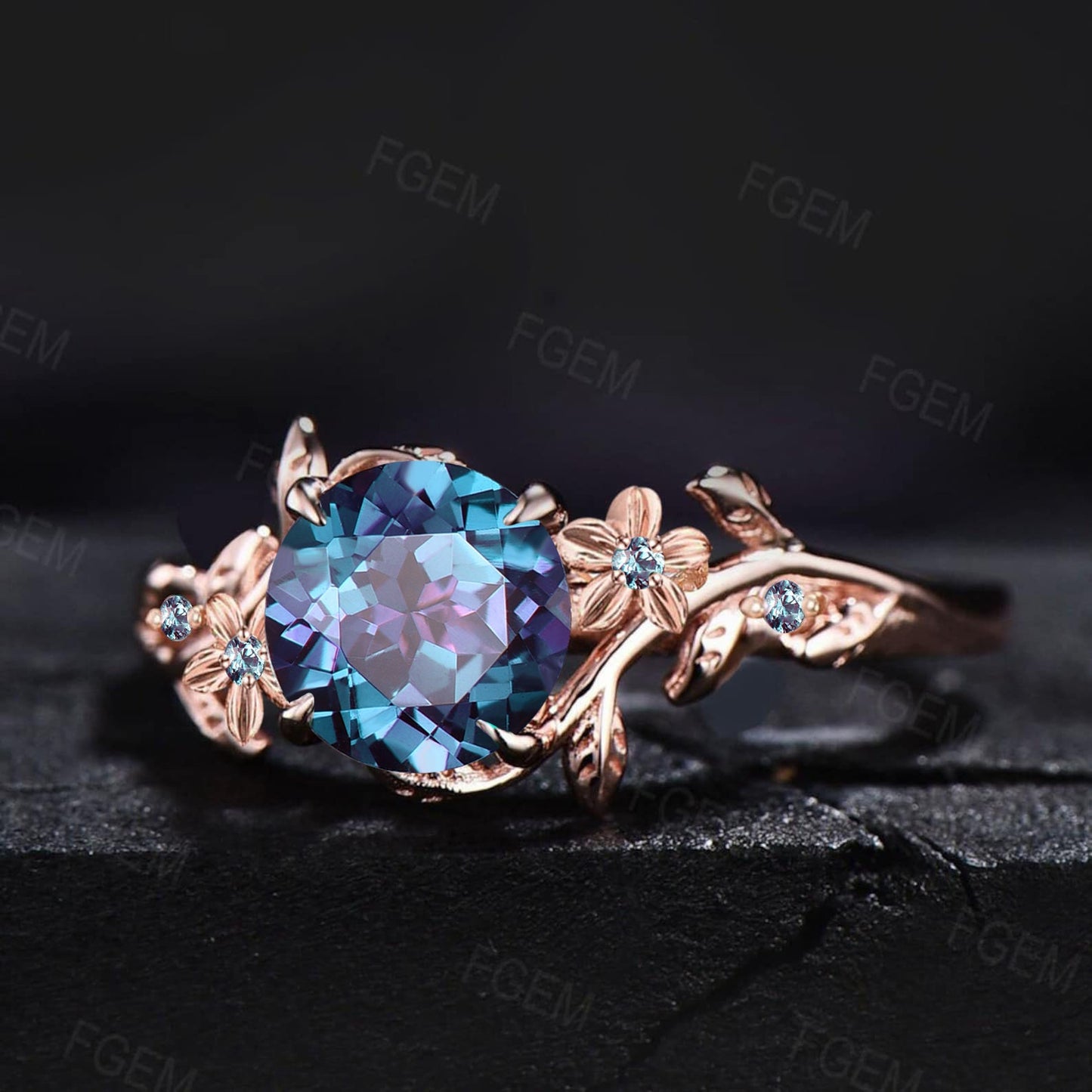 Nature Inspired Flower Color-Change Alexandrite Engagement Ring 1ct Round Branch Cluster Alexandrite Floral Wedding Ring Unique Promise Gift