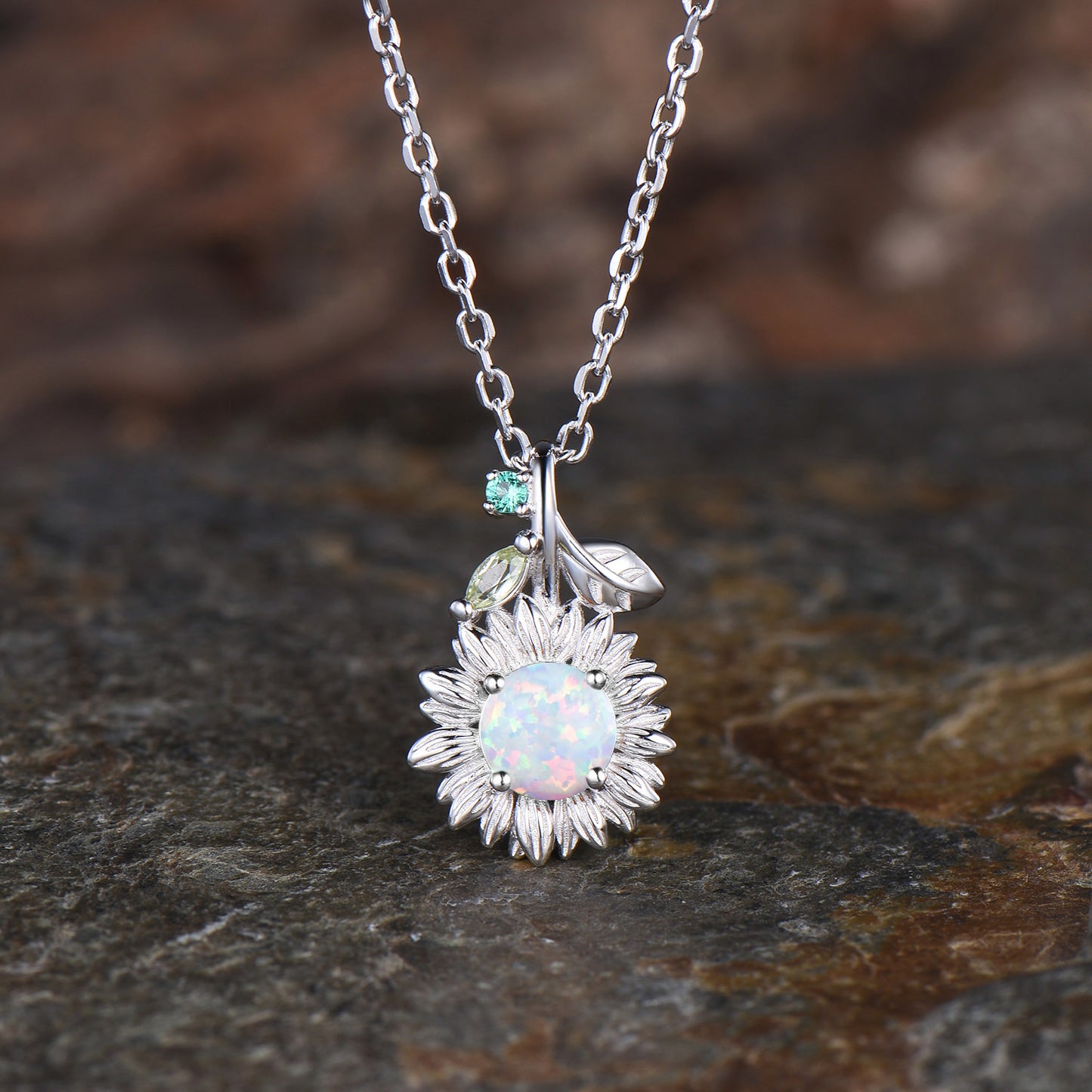 Vintage White Opal Sunflower Necklace Round Cut Fire Opal With Emerald Peridot Leaf Floral Pendant Dainty October Birthstone Jewelry Gift