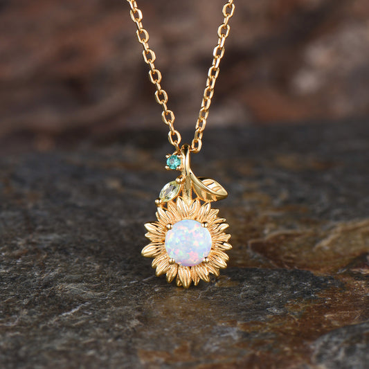 Vintage White Opal Sunflower Necklace Round Cut Fire Opal With Emerald Peridot Leaf Floral Pendant Dainty October Birthstone Jewelry Gift