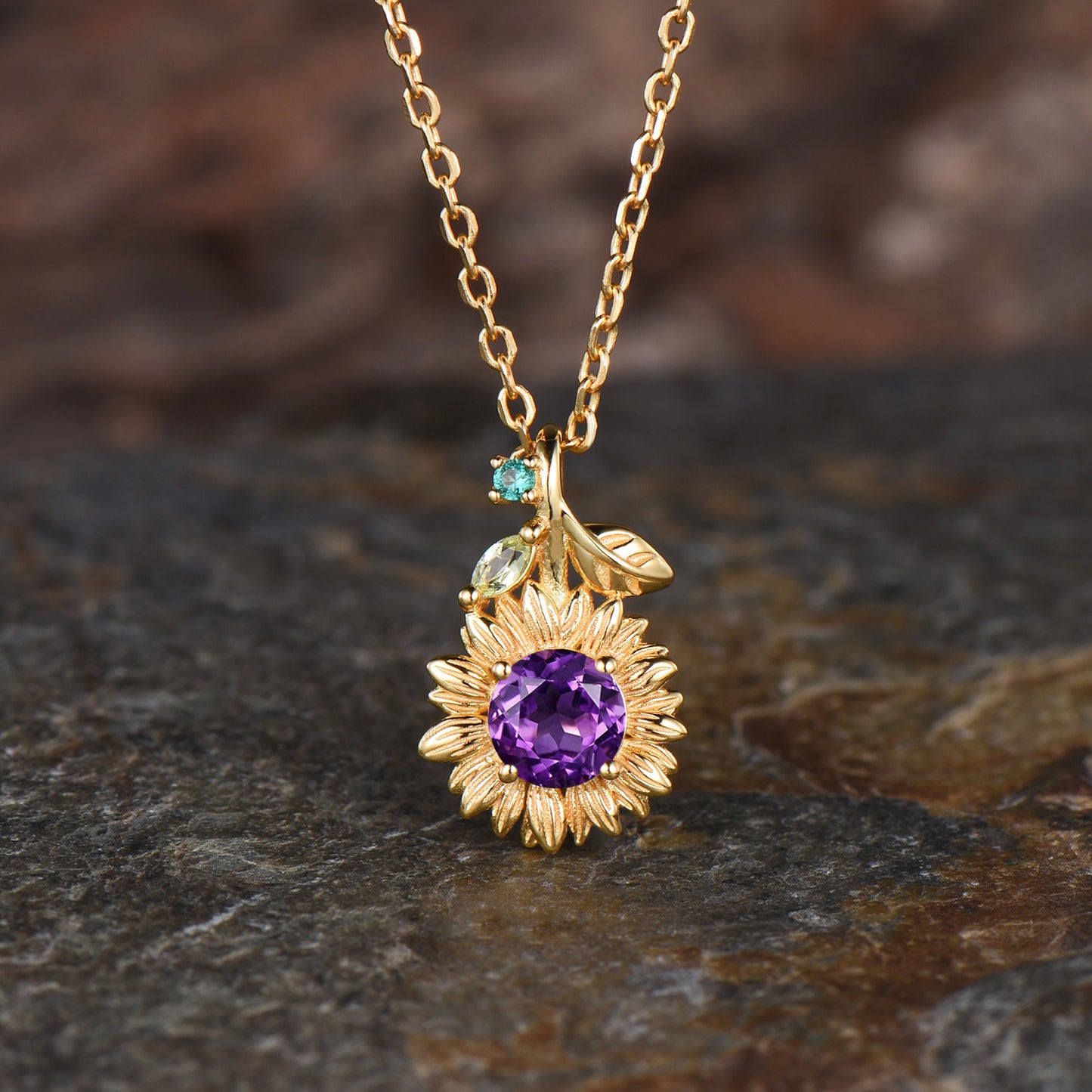 Vintage Sunflower Necklace Round Amethyst With Emerald Peridot Leaf 14k Gold Nature Inspired Floral Pendant Dainty Purple Crystal Jewelry