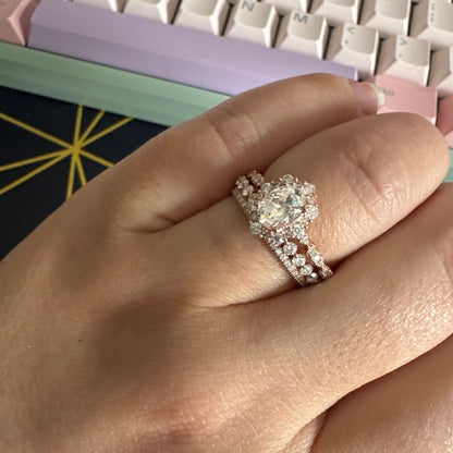 Vintage Moissanite engagement ring set unique white gold engagement ring women 2mm round cut wedding band Bridal Promise ring Platinum ring