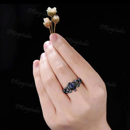 Galaxy Round Blue Sandstone Engagement Ring Crescent Moon Star Amethyst Ring Black Gold Leaf Alexandrite Wedding Ring Set Proposal Gift
