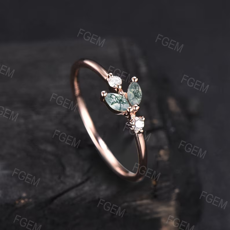 Marquise Cut Natural Green Moss Agate Wedding Band Diamond Moissanite Ring Mermaid Tail Shaped Ring Minimalist Jewelry Unique Gift for Her