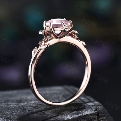 Natural Rose Quartz Ring Sterling Silver Hexagon Leaf Engagement Ring Solitaire Ring Crystal Ring Valentine's Day Jewelry Gift for Couple