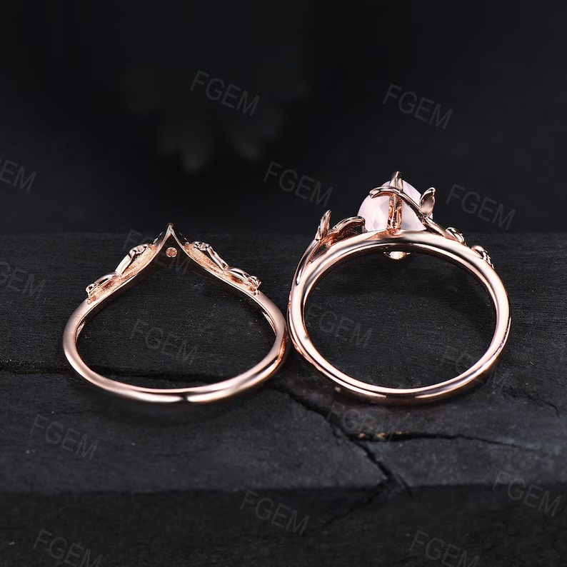 1.25ct Pear Shaped Natural Pink Rose Quartz Engagement Ring Set Rose Flower Pink Crystal Ring Nature Inspired Leaf Green Emerald Bridal Sets