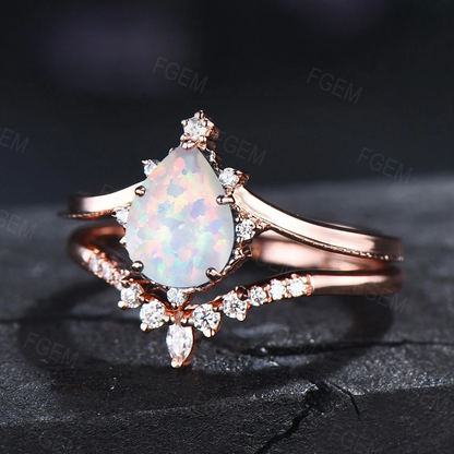 Pear Shaped Opal Engagement Ring Set Unique Sterling Silver Curve Matching Wedding Band Anniversary Gift Lace Milgrain Opal Bridal Ring Set