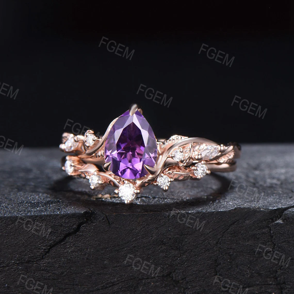 February Birthstone Wedding Ring 1.25ct Pear Natural Amethyst Purple Crystal Ring Set Nature Inspired Branch Moissanite Amethyst Bridal Sets