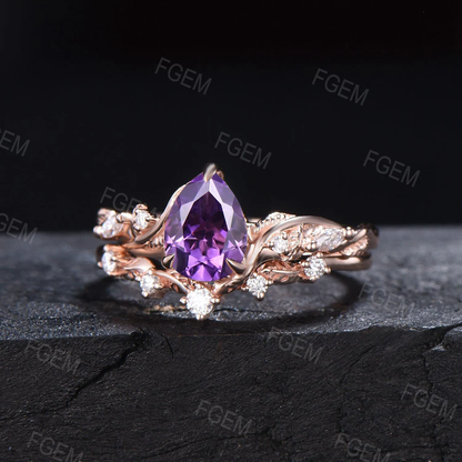 February Birthstone Wedding Ring 1.25ct Pear Natural Amethyst Purple Crystal Ring Set Nature Inspired Branch Moissanite Amethyst Bridal Sets