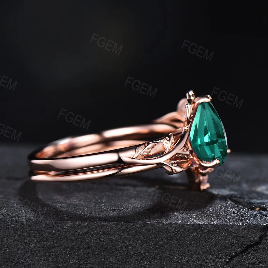 Nature Inspired Rose Flower Green Emerald Engagement Ring Set Branch L