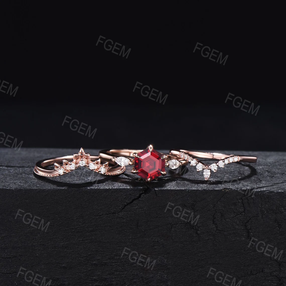 July Birthstone Wedding Ring Set 3pcs Hexagon Cut Red Ruby Gemstone Jewelry 1ct Sterling Silver Ruby Bridal Set Anniversary Gift For Women