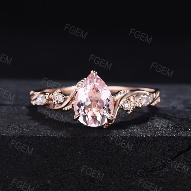 1.25ct Pear Shaped Natural Pink Morganite Diamond Engagement Ring Set Leaf Vine Ring Set Nature Inspired Pink Morganite Moissanite Ring Set