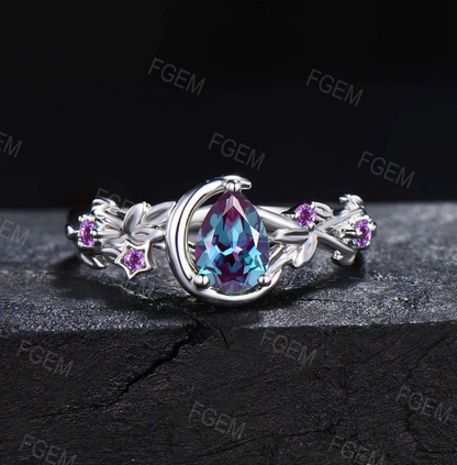 Nature Inspired Color-Change Alexandrite Engagement Ring Moon Star Design Pear Alexandrite Ring Cluster Purple Amethyst Branch Wedding Ring