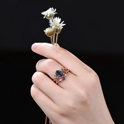 Nature Inspired Starry Sky Galaxy Blue Sandstone Engagement Ring Set Branch Leaf Wedding Band Cluster Black Ring Blue Goldstone Bridal Set