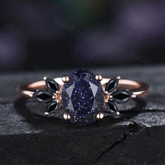 1.5ct Oval Cut Blue Sandstone Cluster Engagement Rings Galaxy Starry Sky Ring Black Gemstone Ring Unique Handmade Proposal Gifts for Women