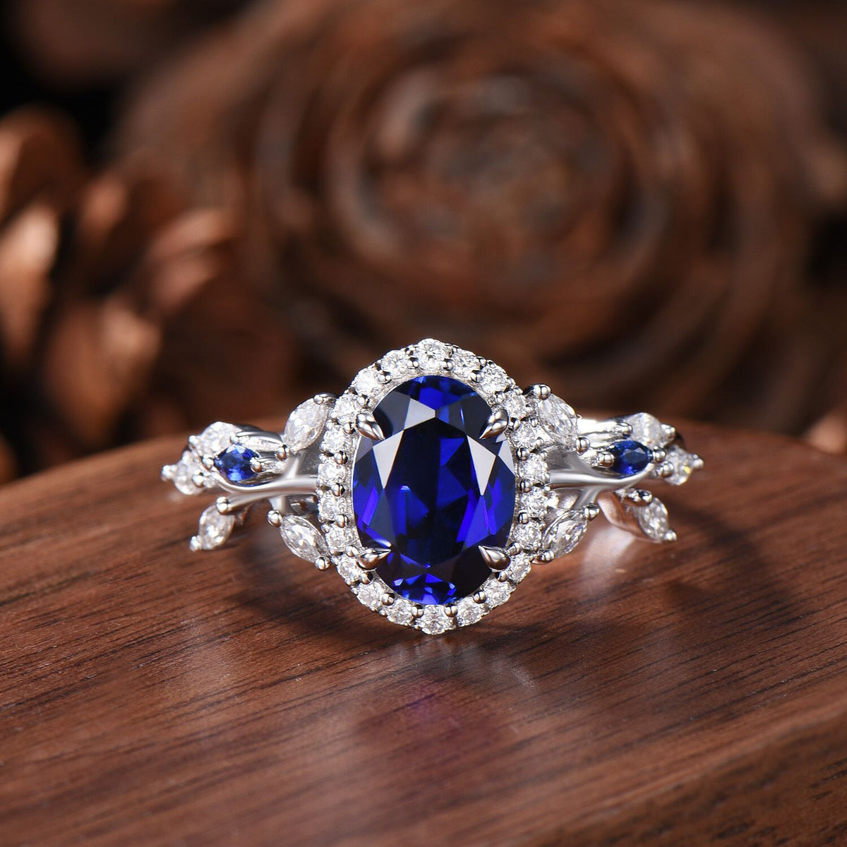 Oval Cut Blue Sapphire Halo Engagement Ring Moissanite Leaf Vine Inspired Promise Ring 14k White Gold For Women September Birthstone