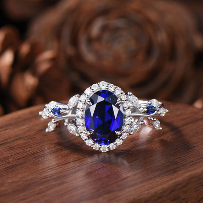 Oval Cut Blue Sapphire Halo Engagement Ring Moissanite Leaf Vine Inspired Promise Ring 14k White Gold For Women September Birthstone