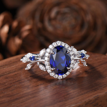 Oval Cut Blue Sapphire Halo Engagement Ring Moissanite Leaf Vine Inspired Promise Ring 14k White Gold For Women September Birthstone