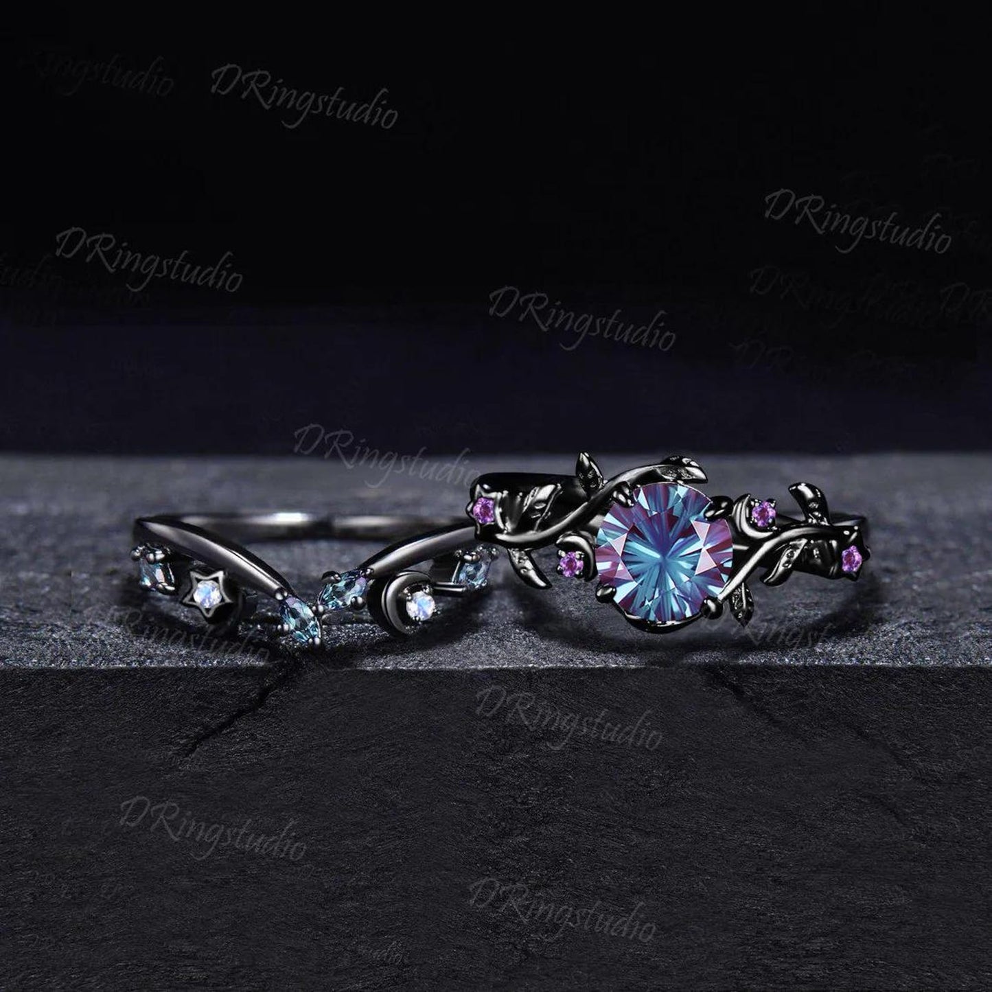 6.5mm Round Fireworks Alexandrite Moon Star Ring Set Leaf Design Black Gold Amethyst Cluster Ring Gothic Vampire Engagement Ring for Women