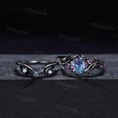 6.5mm Round Fireworks Alexandrite Moon Star Ring Set Leaf Design Black Gold Amethyst Cluster Ring Gothic Vampire Engagement Ring for Women