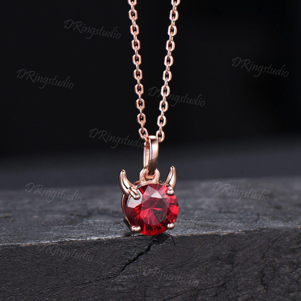 Devil pendant Unique 7mm Round Ruby Necklace Solid Black Gold Little Devil Red Gemstone Necklace July Birthstone Jewelry For Halloween