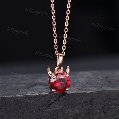 Devil pendant Unique 7mm Round Ruby Necklace Solid Black Gold Little Devil Red Gemstone Necklace July Birthstone Jewelry For Halloween