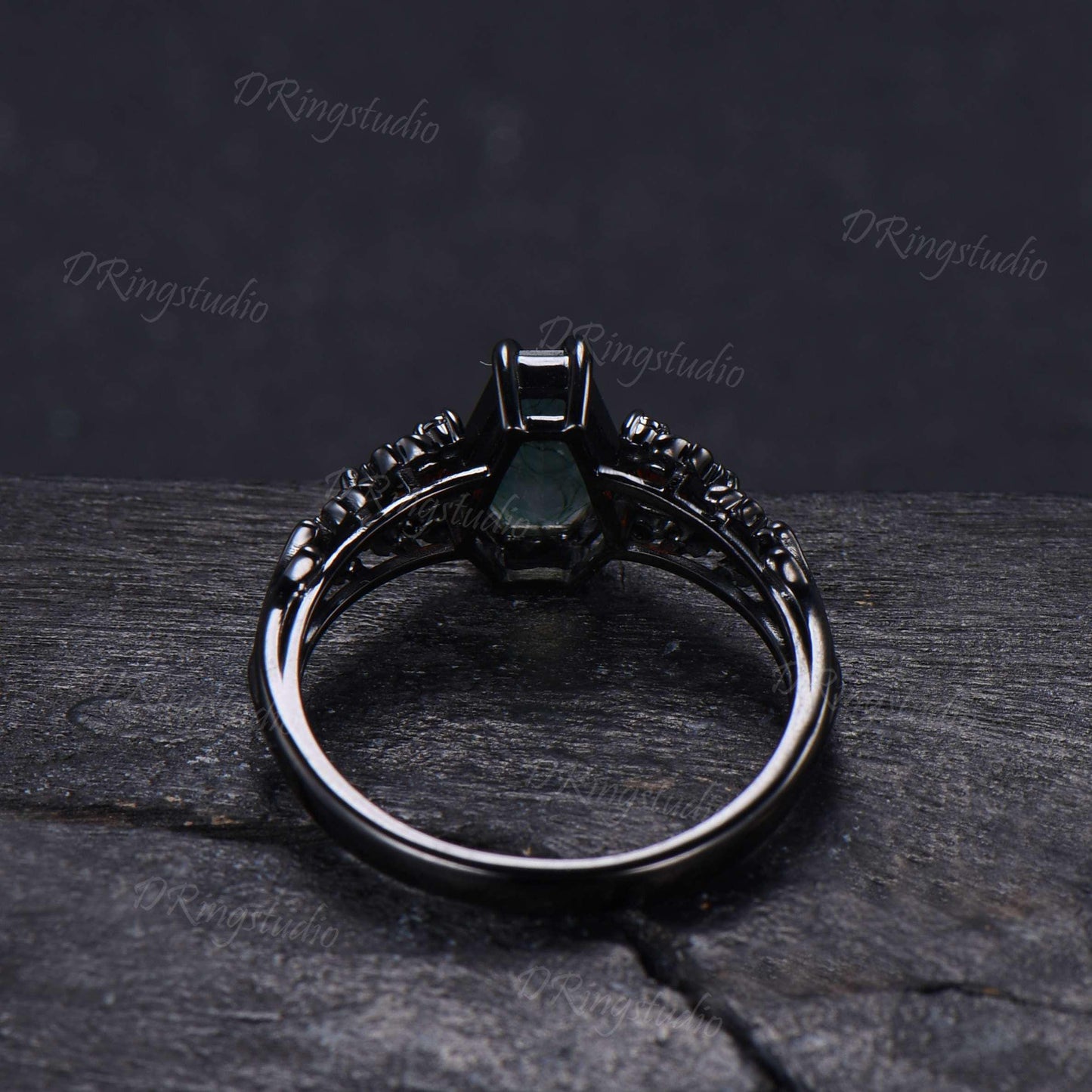 14K Black Gold Coffin Cut Natural Moss Agate Garnet Engagement Ring for Her Gothic Oak Leaf Inspired Cluster Promise Ring Proposal Gift