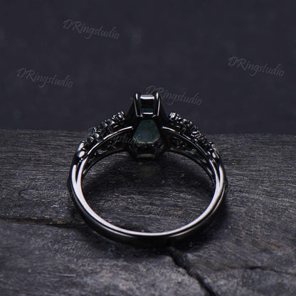 14K Black Gold Coffin Cut Natural Moss Agate Garnet Engagement Ring for Her Gothic Oak Leaf Inspired Cluster Promise Ring Proposal Gift