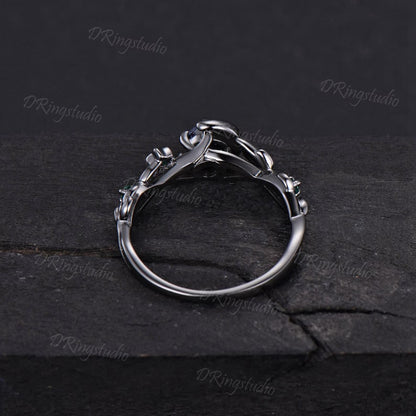 Black Gold Nature Inspired Round Opal Engagement Ring Nebula Moon Star Amethyst Wedding Ring Gothic Black Twig Leaf Bridal Ring Jewelry Gift