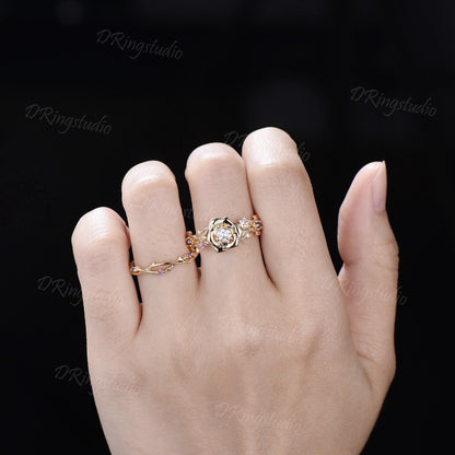 Round Lab Grown Diamond Flower Engagement Ring Set Floral Branch Leaf Bridal Set Amethyst Wedding Band 14K Yellow Gold Anniversary Gift