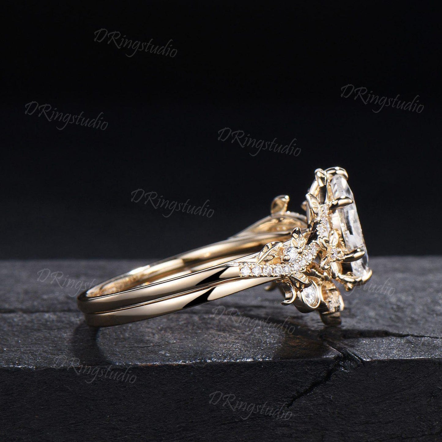 Kite Cut Lab Grown Diamond Engagement Ring 14k Yellow Gold Leaf Moon Wedding Ring Set Floral Diamond Ring IGI Certified Diamond Promise Ring