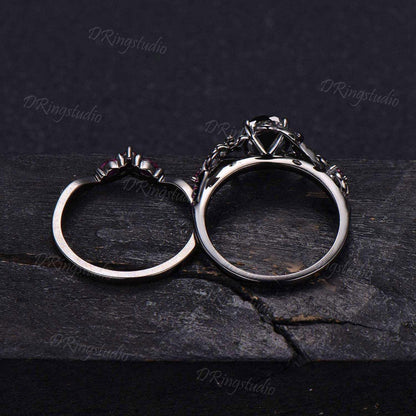Floral Round Black Star Sapphire Engagement Ring Set Gothic Black Gold Leaf Vine Ruby Bridal Ring Natural Black Lindy Star Ring Promise Gift