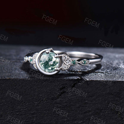 5mm Round Natural Green Moss Agate Celestial Moon Wedding Ring Celtic Knot Trinity Band 10K Rose Gold Moissanite Aquatic Agate Bridal Ring