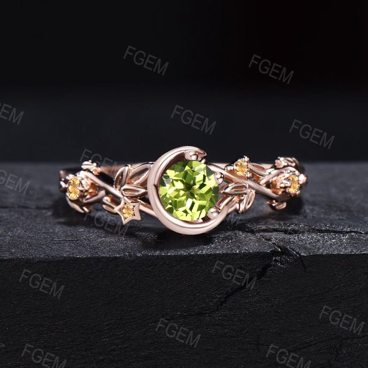 Moon Star Design Natural Peridot and Citrine Ring 10K Rose Gold Nature Inspired Green Peridot Promise Ring August Birthstone Birthday Gifts