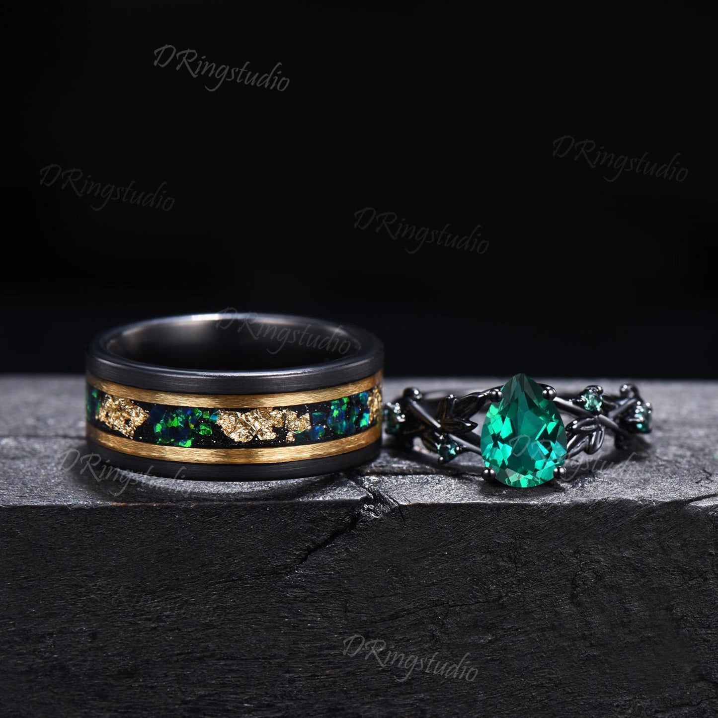 2pcs Pear Green Emerald Couple Set Gothic Black Gold Leaf Vine His and Hers Wedding Ring Nature Inspired Promise Ring Tungsten Matching Band