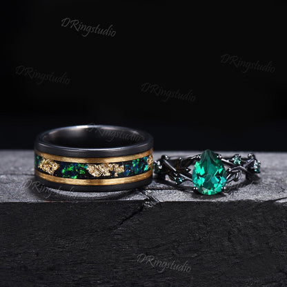 2pcs Pear Green Emerald Couple Set Gothic Black Gold Leaf Vine His and Hers Wedding Ring Nature Inspired Promise Ring Tungsten Matching Band