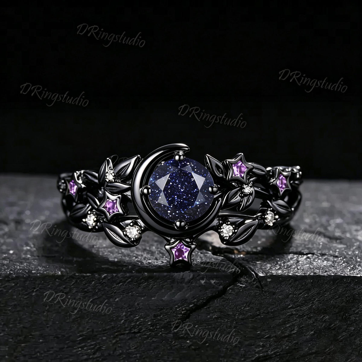 Galaxy Round Blue Sandstone Engagement Ring Crescent Moon Star Amethyst Ring Black Gold Leaf Alexandrite Wedding Ring Set Proposal Gift