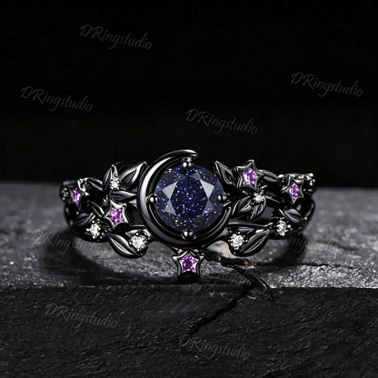 Galaxy Round Blue Sandstone Engagement Ring Crescent Moon Star Amethyst Ring Black Gold Leaf Alexandrite Wedding Ring Set Proposal Gift