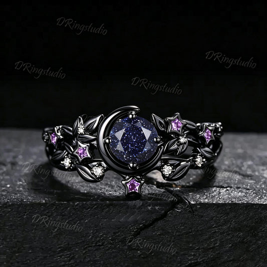 Galaxy Round Blue Sandstone Engagement Ring Crescent Moon Star Amethyst Ring Black Gold Leaf Alexandrite Wedding Ring Set Proposal Gift