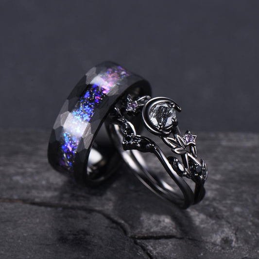 Black Gold Natural Black Rutilated Quartz Couples Ring Set Nebula Tungsten Band Nature Inspired His and Hers Wedding Band Anniversary Gift